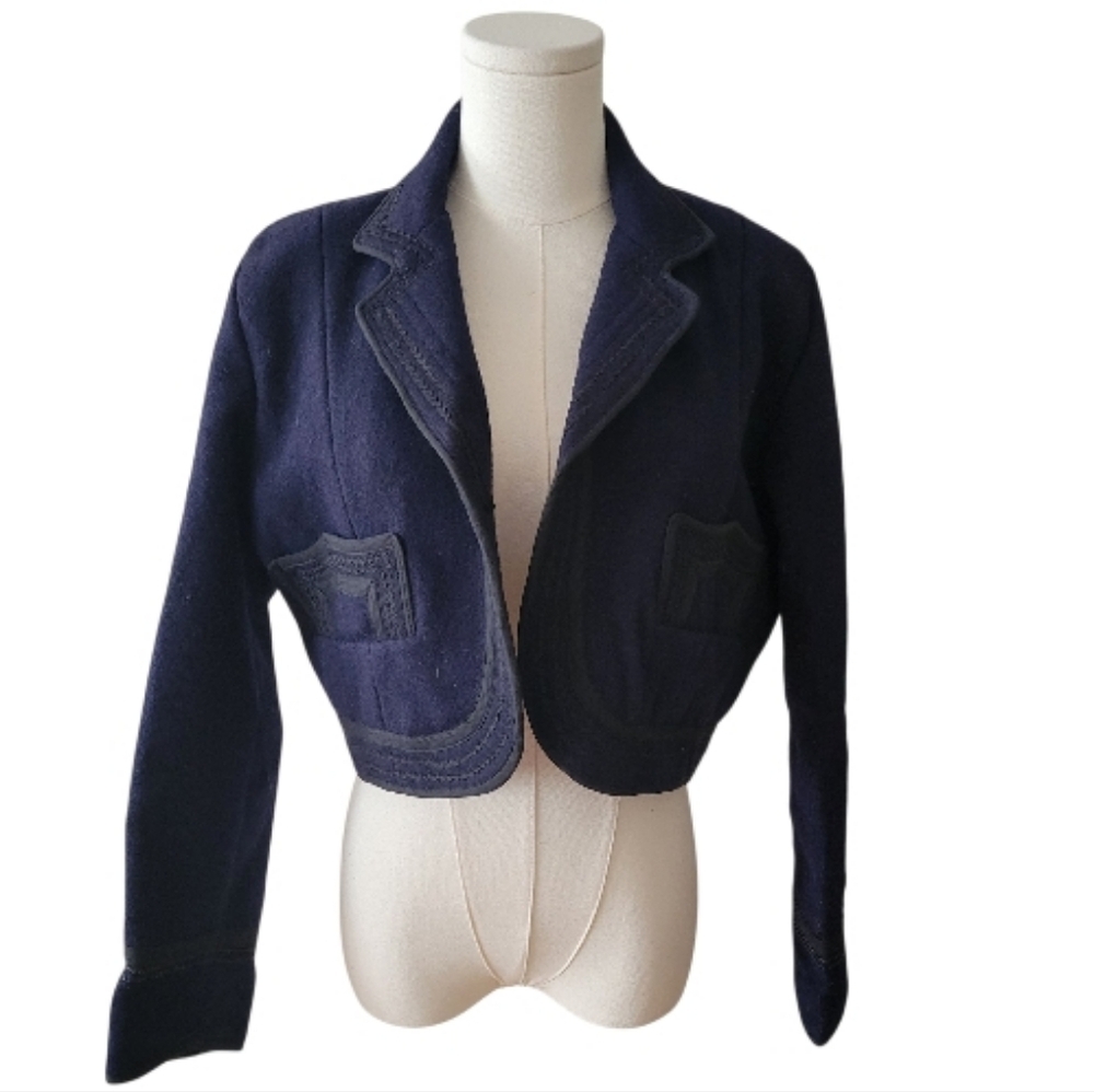 Vintage 90s Blue & Black Wool Solola Bolero Jacket Size Small